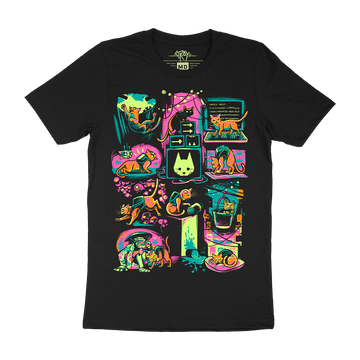 A composite view of the Stray Antics shirt, designed by Kari Fry. Cat and B-12 are depicted in a variety of cat-like poses (on a keyboard, falling, leaping, in a bucket) in the world of the game. It's a black shirt with fuchsia, orange, and light green ink.