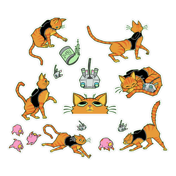 Design view of every piece in this official Stray sticker pack. Moving out from the center, there's a large closeup of the cat's face looking upward at a separate B-12 sticker; three tiny B-12 stickers; five large stickers of the cat in various poses—batting, walking, pointing, running, curled up with B-12, and with its back up—and four small Zurk stickers.